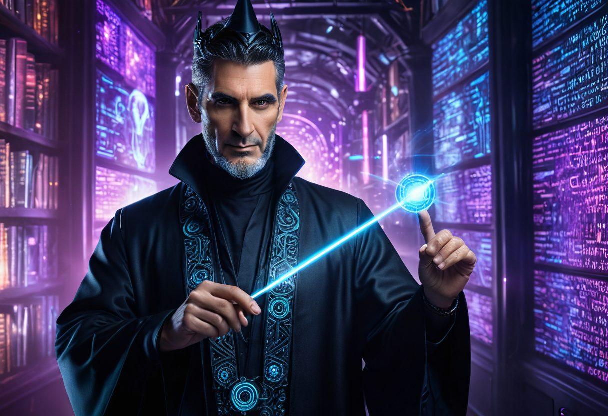 A futuristic scene where a digital wizard, resembling URI Geller, uses a wand to create intricate, glowing holographic website layouts in mid-air. Code snippets, binary streams, and magic symbols float around him, seamlessly blending technology and mysticism. The background features a fusion of ancient arcane library and modern tech lab. cyberpunk. vibrant colors.