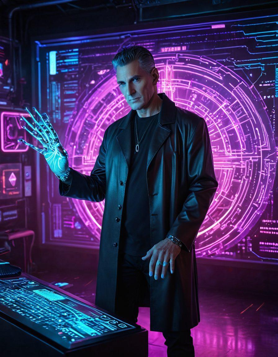 A futuristic digital landscape where URI Geller, dressed as a digital wizard, conjures web elements like HTML, CSS, and JavaScript symbols with a magical staff amidst holographic interfaces. His aura casts vibrant, glowing lights over a sleek, modern website being assembled in real-time. cyberpunk. vibrant colors. super-realistic.