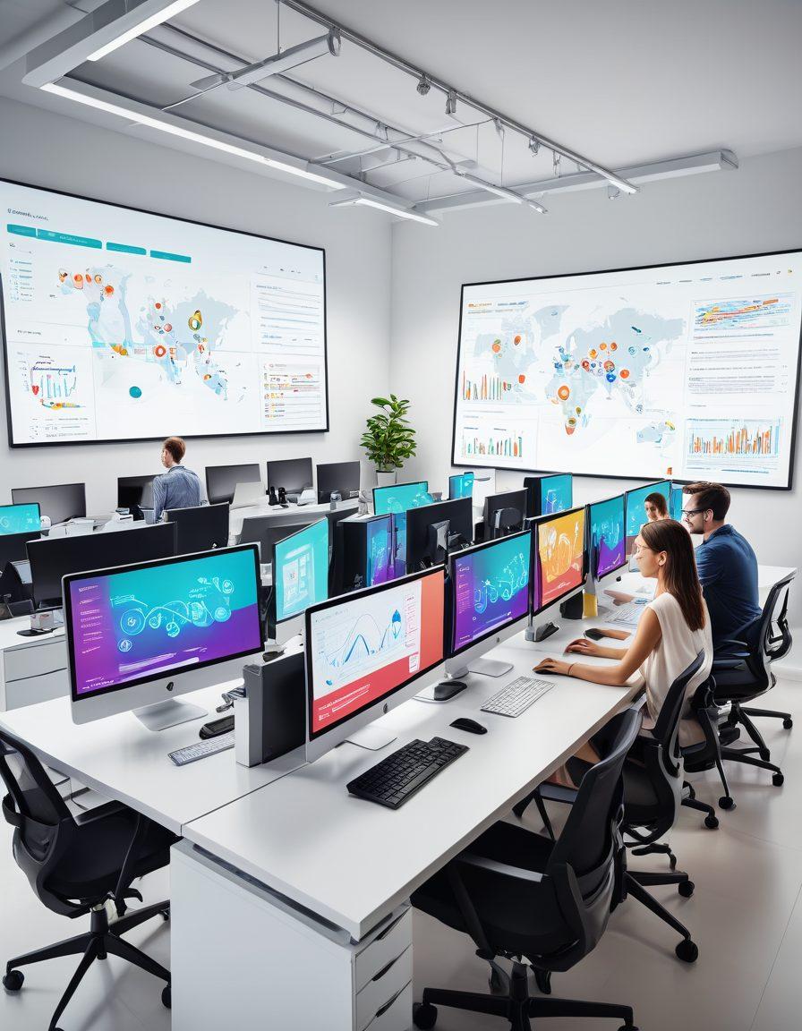 A modern office scene with a diverse team working at desks, featuring screens displaying backend code, SEO analytics, and website designs. Central focus on a large screen with interconnected nodes representing digital presence. Bright colors, minimalist design, tech-savvy atmosphere. vector art, vibrant colors.
